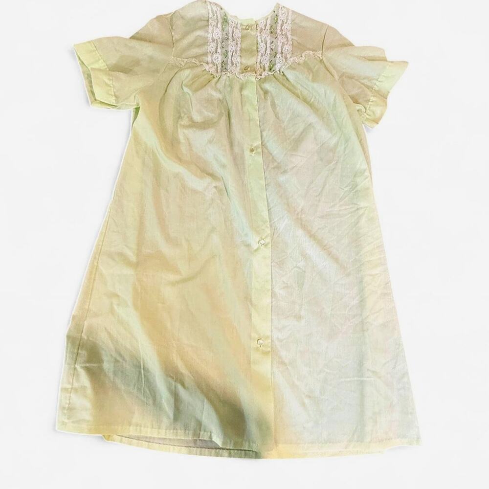 Vintage 1960s Lime Green Cotton Feel Night Gown With Floral and Ruffles